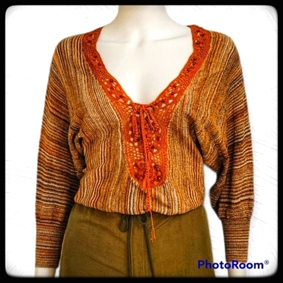 VTG ARDEN B 1970s Crochet Plunging Neck Dolman Sleeve Beaded Blouse - Picture 1 of 13
